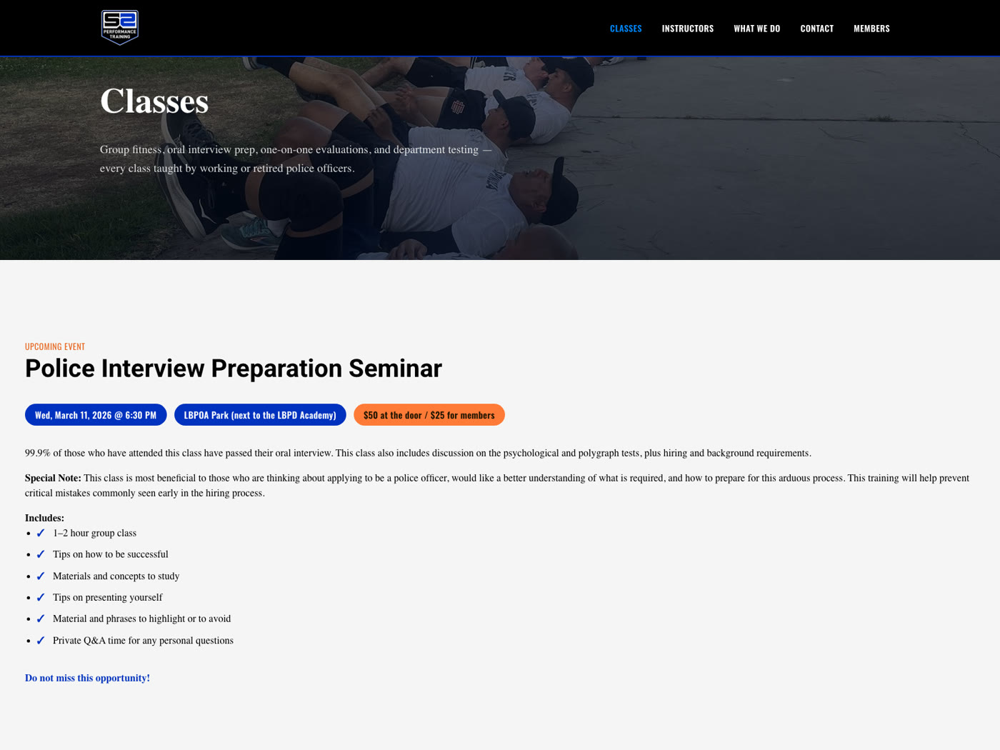 S2 Performance Training classes page, showing a live event listing with date, location, and price