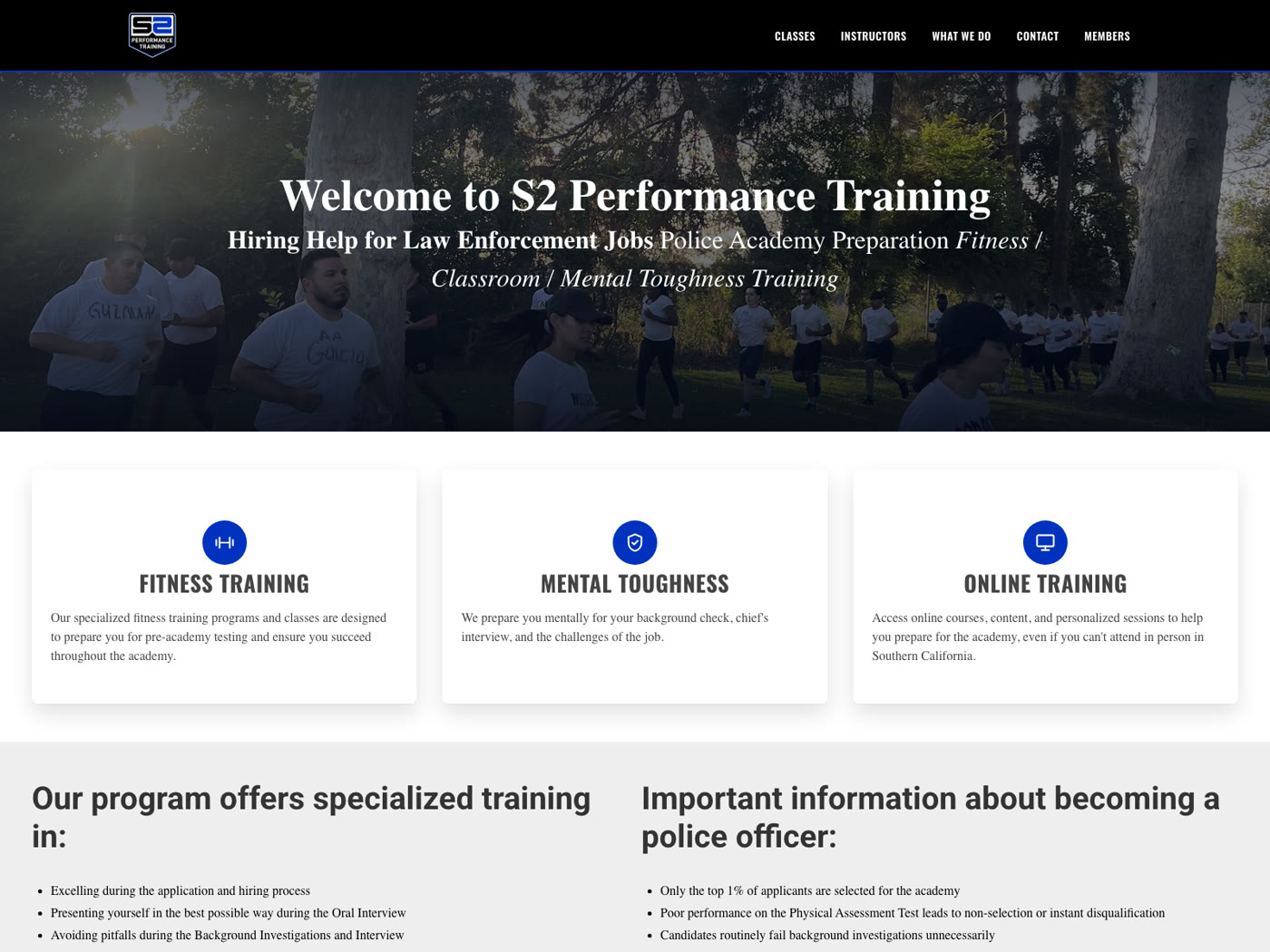 S2 Performance Training homepage, showing hero photo and program overview