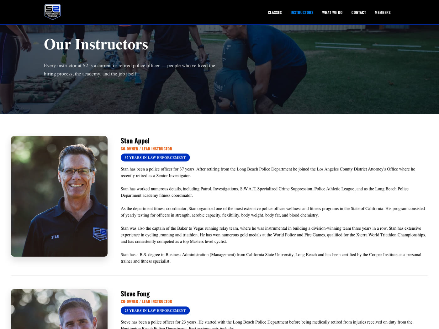 S2 Performance Training instructors page, showing CMS-driven instructor bio cards
